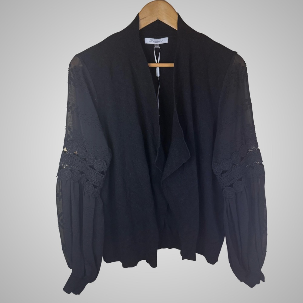 Siani Milano Black Cardigan Draped Open Front Crochet Balloon Lace‎ Sleeve Large
